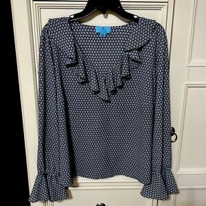 Cece blue and white blouse with bell sleeves.